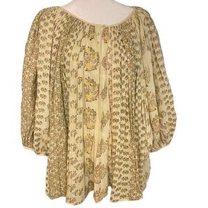 Calypso St. Barth Womens Cream Button Up Balloon Sleeve Floral Blouse Sz 1 XL